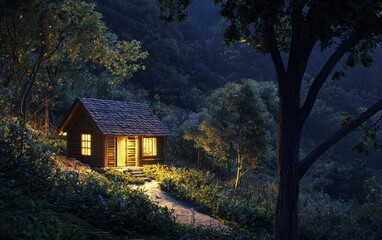 Picturesque countryside with a small wooden cabin