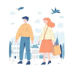 Stylish travel experience, couple in chic outfits touring Europe, flat design illustration