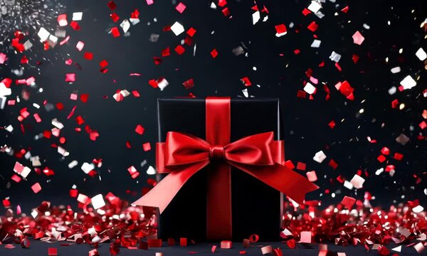 black present box with red bow with fallen confetti animation