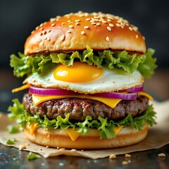 Hamburger layered with beef, sunny side up egg, cheddar cheese, lettuce and red onion served on paper parchment on wooden table, food and snack