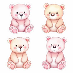 Watercolor set teddy bear illustration with a pink bow, perfect for nursery decor and children's, Set bear watercolor	