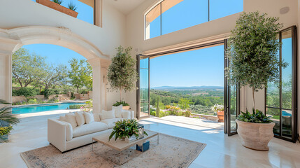 Fototapeta premium Luxurious villa living room, pool view, Tuscan landscape, real estate