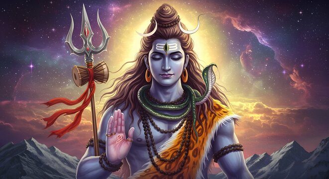 Lord Shiva Meditating with Trident, Snake, and Damru in Cosmic Setting