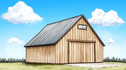 Obraz premium Rustic Wooden Barn in a Sunny Field