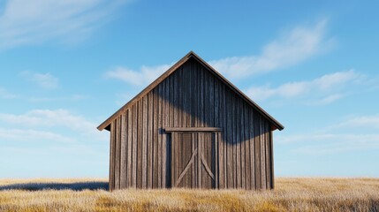 Fototapeta premium Rustic Wooden Barn in Dry Grass Field Under Blue Sky