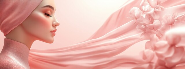 Naklejka premium Elegant Portrait of a Woman with Soft Pink Drapery and Floral Accents Emphasizing Beauty