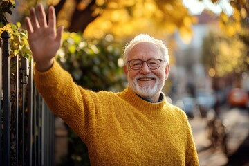 Joyful Senior Man in Yellow Pullover Greeting Neighbour with a Wave at the Fence