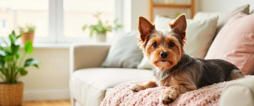 Adorable Yorkshire Terrier relaxing on cozy cushion at home, pet love