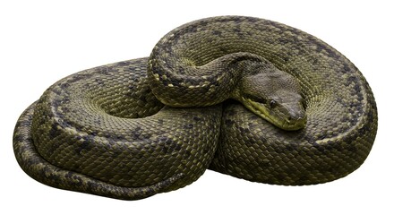 Green Anaconda Coiled Isolated on White Background in Detailed Studio Shot