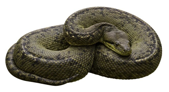 Green Anaconda Coiled Isolated on White Background in Detailed Studio Shot