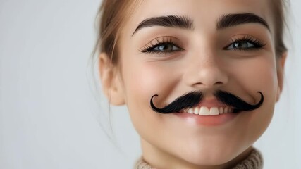 Woman with black curled mustache sticker wearing beige sweater on white background. Funny face expression. Carnival costume and disguise concept. Happy portrait - Powered by Adobe