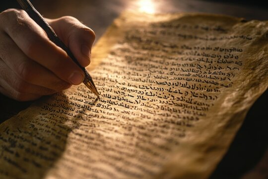 Closeup of Hand Inscribing Sacred Hebrew Text on Antique Paper Beneath Soft Illumination