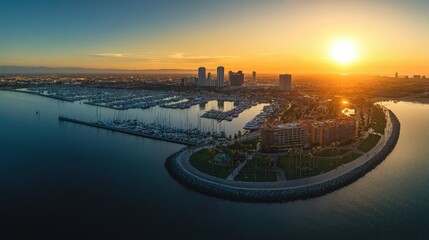 Naklejka premium Panoramic Aerial View of Long Beach Harbor: Urban Architecture and Skyline Overlooking the Sea