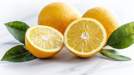 Fresh Lemon with Slices and Green Leaves on Marble Background