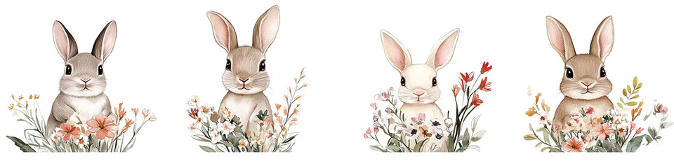 Obraz premium Adorable Rabbits and Hares Holding Floral Bouquets in a Dreamy Spring Garden – Soft Natural Aesthetic
