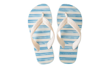 A pair of blue and white striped flip-flop sandals with white straps adorned with embossed leaves. They are placed side by side, highlighting the design and details of the straps.