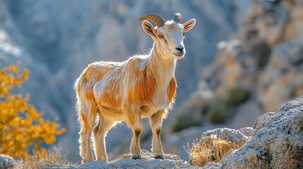 Obraz premium A majestic mountain goat standing proudly on rocky terrain with golden autumn foliage in the background