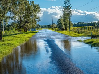 Flood Symbol: Submerged Rural Road Surrounded by Green Grass Amid Cyclone Gabrielle's Forceful Blue Skies