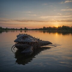 .Raam Animalas standing by a serene lake, its reflection glowing under a soft sunset.