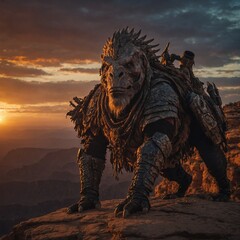 Raam Animalas standing majestically on a cliff with a fiery sunset in the background.