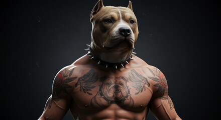Muscular tattooed man with a pitbull head poses dramatically