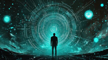 A man stands in the center of an endless space surrounded by digital data and cyberpunk, glowing lines, light cyan, turquoise background,