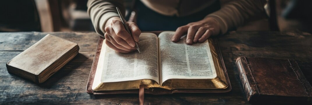 Woman Engaged in Bible Study: Writing Notes on Notepad at a Wooden Table