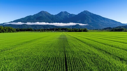 Fototapeta premium Captivating rice paddy fields under majestic mountains rural asia landscape photography vibrant greenery wide angle view