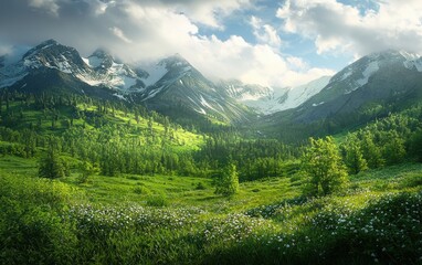 Fototapeta premium Serene mountain valley covered in lush spring greenery