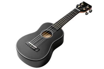 Glossy Black Ukulele Isolated. A four-string ukulele with a polished black finish and detailed fretboard, AI generated..