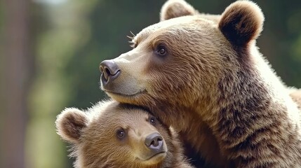 Obraz premium Tender moment grizzly bears embrace in nature wildlife photography forest environment close-up perspective