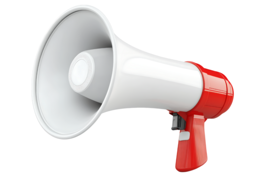 Red and White Megaphone Isolated. A handheld loudspeaker with a red handle and white horn, used for announcements and crowd control, AI generated..