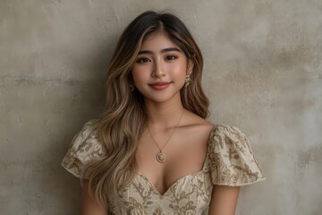 Fototapeta premium Portrait of Young Woman in Beige Floral Dress Against Textured Wall