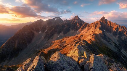 Naklejka premium Panoramic photograph of the Tatra Mountains, featuring a stunning sunset or sunrise during the golden hour in summertime. The image showcases the sharp, 32k image