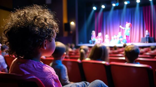 Children captivated by a theatrical performance at a local theater during a weekend show, An audience of children watch a play at a theater
