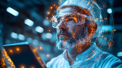 Engineer using a digital tablet to analyze fuel processing systems and data inside a high tech industrial facility focusing on technology innovation