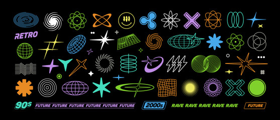 Y2k techno vector elements of trendy geometric brutalism forms, logos, grids, memphis design. Simple Acid shapes forms, rave symbols and frames 90s style. Retro Futurism signs and icons in 2000s style