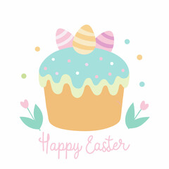 Happy Easter banner, poster, greeting card. Colorful traditional Easter cake with icing and sprinkles decorated  eggs in various colors. Vector illustration on white background 