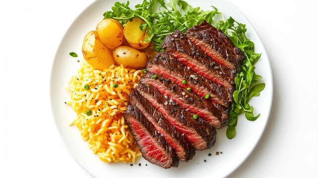 Sliced steak with sadle potato and cheese rice on white plate, top view isolated on white background. food photography
