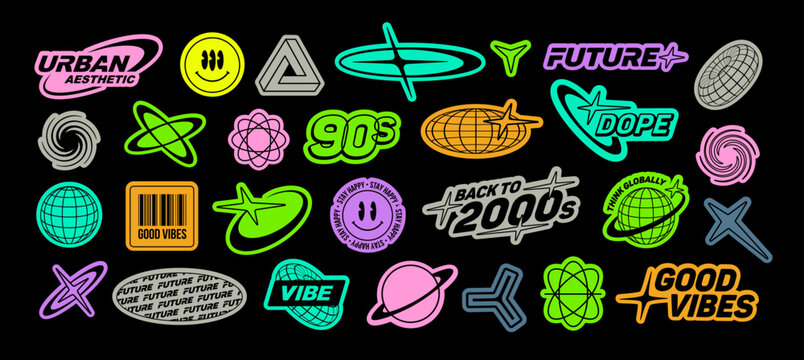Y2K techno stickers pack of text quotes label collection. Aesthetic of retro futurism 2000s stickers with text. Colorful cyberpunk style sticker elements