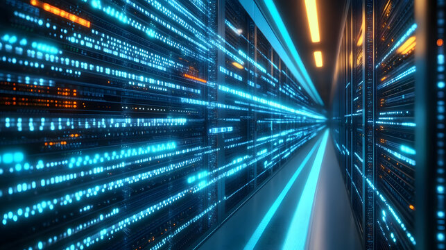 Digital Data Stream: Abstract representation of a massive data center, showcasing glowing blue streams of data flowing across a wall of servers. The image evokes a sense of speed, innovation.