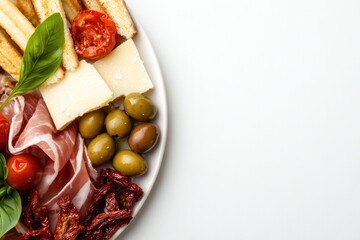 Colorful arrangement of cheeses, meats, olives, and dried tomato