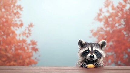 Fototapeta premium Curious raccoon peeks over a wooden table, autumn foliage background, stock photo use