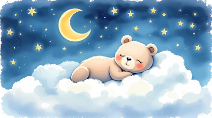 Cute teddy bear sleeps on a cloud, watercolor on a white isolated background	