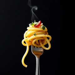 Spaghetti sprinkled with chili and basil swirling on fork on black background