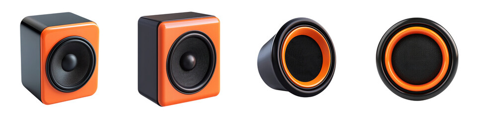 Obraz premium Sleek and Stylish Wireless Audio Speakers with Powerful Sound for Home or Office Workspace Setup Compact and Contemporary Design in Black and Orange Color