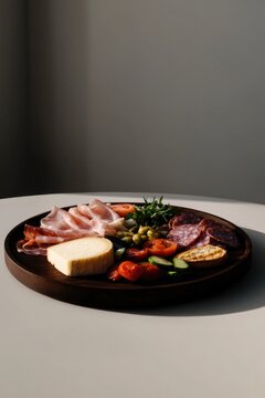 Artfully arranged platter showcases meats, cheese, and fresh gar