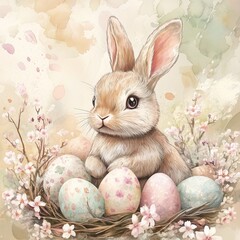 Adorable Easter bunny with floral decorated eggs in watercolor style