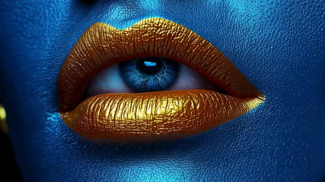 Surreal close-up of a vibrant eye and lips with striking blue and gold hues in an artistic expression of beauty