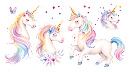 A set of three adorable watercolor unicorns. Ideal for birthday cards, weddings, invitations, templates, children's parties, greetings, logos, wallpapers